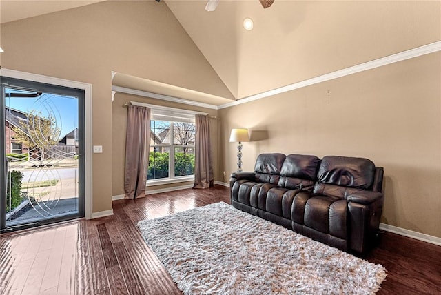3207 SW Stonepoint Ave, Bentonville, AR 72712 - living room with high vaulted ceiling, ceiling fan, baseboards, and dark wood finished floors