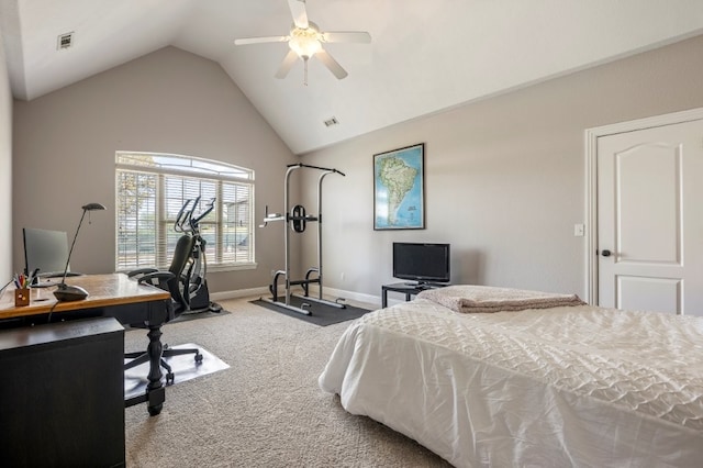 carpeted bedroom featuring lofted ceiling, baseboards, a desk, and ceiling fan