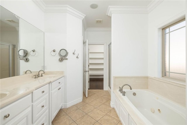 full bath featuring visible vents, a sink, ornamental molding, a whirlpool tub, and double vanity