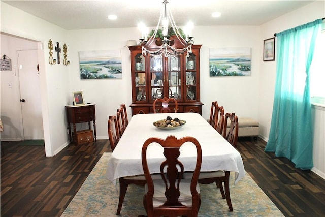 701 Crossbow Rd, Huntsville, AR 72740 - dining room featuring dark wood-type flooring, a chandelier, baseboards, and recessed lighting