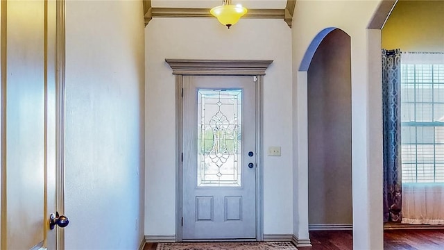 foyer entrance featuring baseboards, arched walkways, plenty of natural light, and wood finished floors