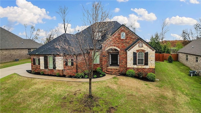 view of front facade featuring driveway, cooling unit, a front lawn, brick siding, and fence