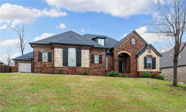 french country style house with brick siding, a shingled roof, an attached garage, and a front lawn
