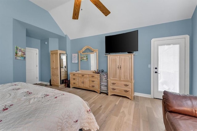 1402 NE Fairwinds Dr, Bentonville, AR 72712 - bedroom with light wood-style flooring, baseboards, vaulted ceiling, and ceiling fan