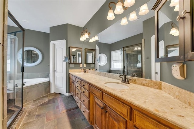 1402 NE Fairwinds Dr, Bentonville, AR 72712 - bathroom with a bath, stone tile floors, a sink, a stall shower, and double vanity