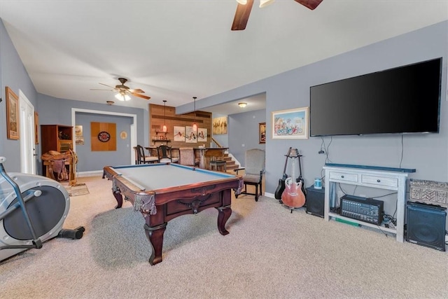 1402 NE Fairwinds Dr, Bentonville, AR 72712 - rec room with carpet flooring, billiards, baseboards, and a ceiling fan