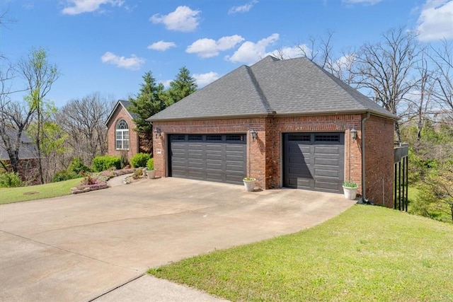 1402 NE Fairwinds Dr, Bentonville, AR 72712 - view of side of home featuring a yard, roof with shingles, brick siding, a garage, and concrete driveway