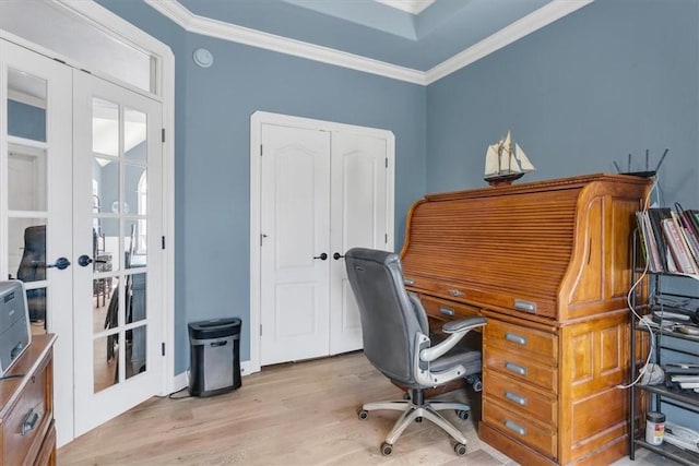 1402 NE Fairwinds Dr, Bentonville, AR 72712 - office area featuring light wood-style floors, french doors, baseboards, and crown molding
