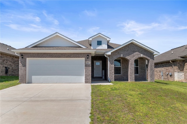 6011 NW Hoover St, Bentonville, AR 72713 - view of front of property with a shingled roof, a garage, concrete driveway, brick siding, and a front lawn
