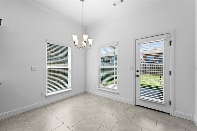 6011 NW Hoover St, Bentonville, AR 72713 - unfurnished dining area with crown molding, an inviting chandelier, light tile patterned floors, visible vents, and baseboards