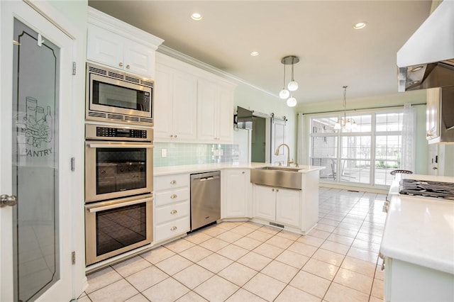 kitchen with a peninsula, backsplash, appliances with stainless steel finishes, range hood, and a sink