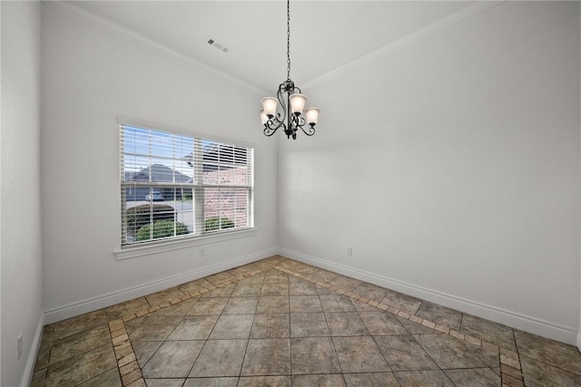 unfurnished room with baseboards, visible vents, a chandelier, tile patterned flooring, and crown molding