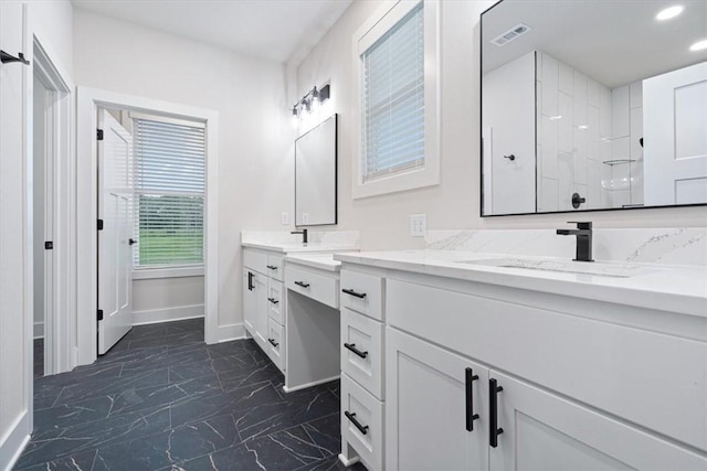 17153 Mill Hill Rd, Garfield, AR 72732 - bathroom featuring double vanity, visible vents, walk in shower, baseboards, and marble finish floor