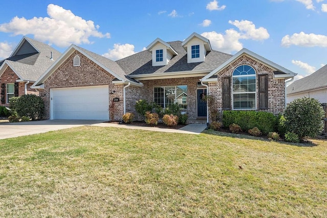 view of front of house featuring a front lawn, a garage, a shingled roof, brick siding, and concrete driveway