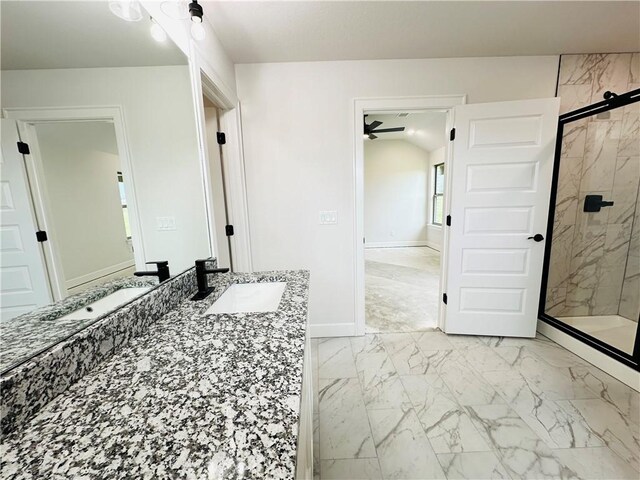 6405 NW Harley St, Bentonville, AR 72713 - full bathroom featuring marble finish flooring, a stall shower, vanity, and a ceiling fan