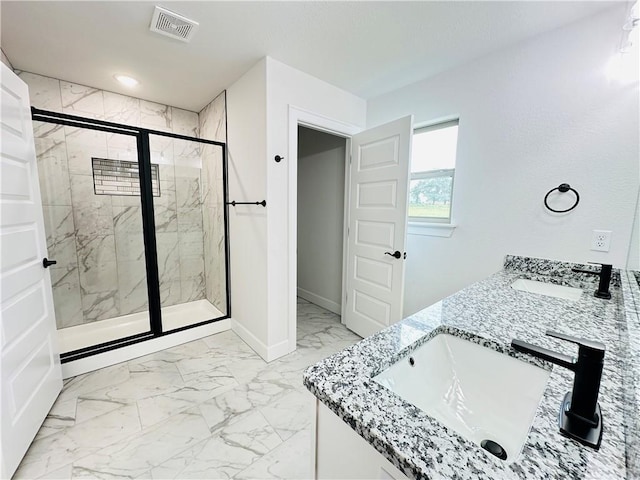 6405 NW Harley St, Bentonville, AR 72713 - full bathroom with a marble finish shower, marble look tiles, and double vanity