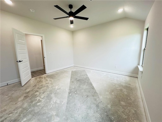 6405 NW Harley St, Bentonville, AR 72713 - unfurnished bedroom with unfinished concrete floors, vaulted ceiling, a ceiling fan, and recessed lighting