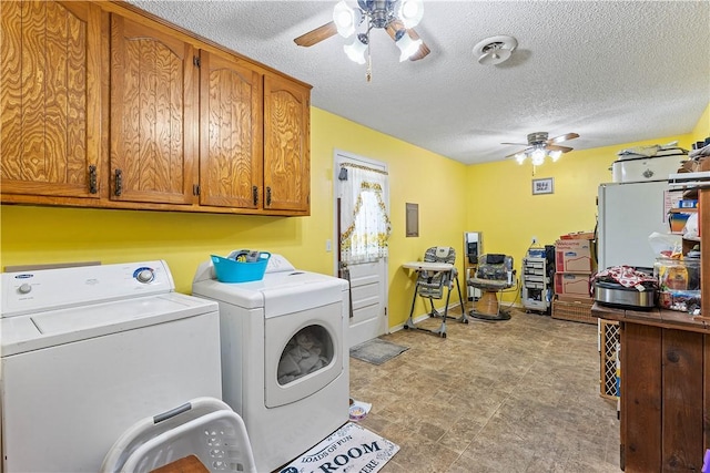 304 Angela St, Springdale, AR 72762 - laundry room with washer and dryer, a textured ceiling, cabinet space, and ceiling fan