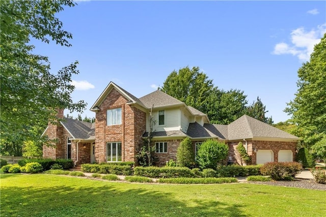 traditional-style house featuring a front yard, brick siding, and an attached garage