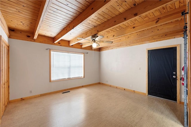 spare room with visible vents, baseboards, wooden ceiling, ceiling fan, and beamed ceiling