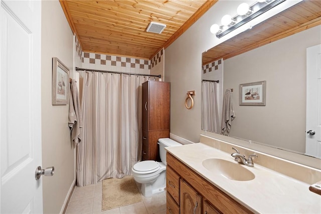 full bathroom featuring vanity, tile patterned flooring, toilet, visible vents, and wooden ceiling