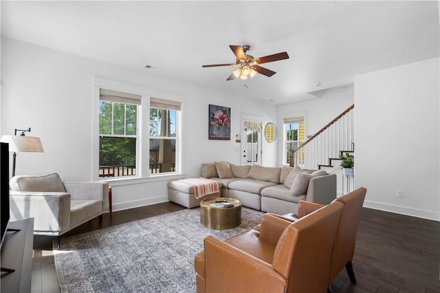 328 Martin Luther King Jr Blvd, Fayetteville, AR 72701 - living room featuring healthy amount of natural light, stairs, a ceiling fan, and wood finished floors