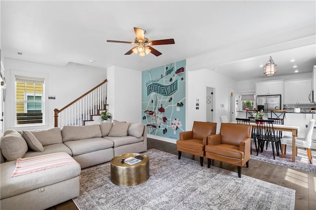 328 Martin Luther King Jr Blvd, Fayetteville, AR 72701 - living room with dark wood finished floors, a ceiling fan, plenty of natural light, stairs, and recessed lighting