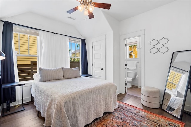 328 Martin Luther King Jr Blvd, Fayetteville, AR 72701 - bedroom with hardwood / wood-style floors, vaulted ceiling, a ceiling fan, and ensuite bath