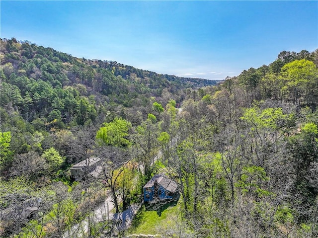 aerial view featuring a wooded view