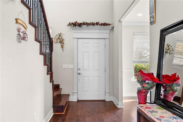 2104 Delwhite Dr, Bentonville, AR 72712 - entryway with baseboards, dark wood finished floors, and stairway