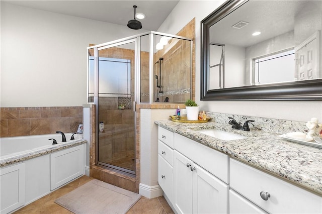 2104 Delwhite Dr, Bentonville, AR 72712 - full bathroom with a shower stall, a bath, vanity, tile patterned flooring, and visible vents