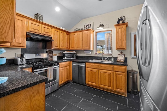 kitchen with under cabinet range hood, lofted ceiling, stainless steel appliances, a sink, and dark tile patterned flooring