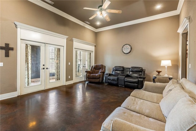 3512 Hamm Ln, Springdale, AR 72762 - living room featuring french doors, crown molding, baseboards, ceiling fan, and concrete flooring