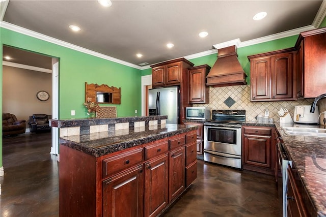 3512 Hamm Ln, Springdale, AR 72762 - kitchen featuring appliances with stainless steel finishes, custom exhaust hood, tile counters, concrete flooring, and a sink