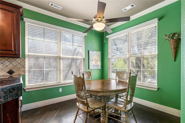 3512 Hamm Ln, Springdale, AR 72762 - dining area featuring baseboards, crown molding, healthy amount of natural light, and ceiling fan