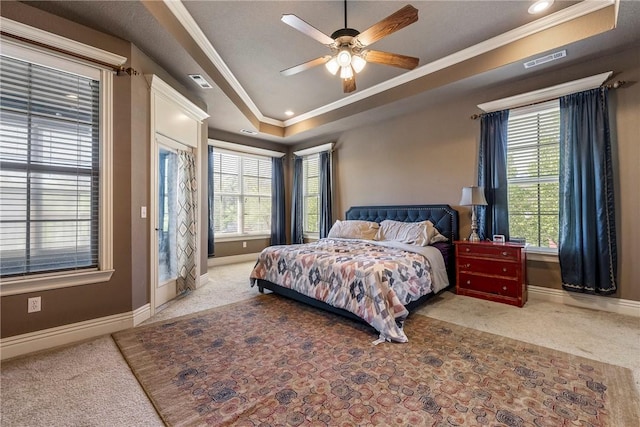 3512 Hamm Ln, Springdale, AR 72762 - carpeted bedroom with ornamental molding, a raised ceiling, baseboards, ceiling fan, and recessed lighting