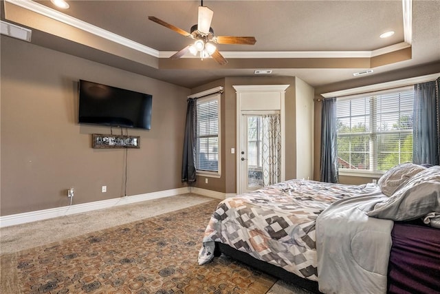 3512 Hamm Ln, Springdale, AR 72762 - carpeted bedroom featuring a tray ceiling, crown molding, baseboards, recessed lighting, and a ceiling fan
