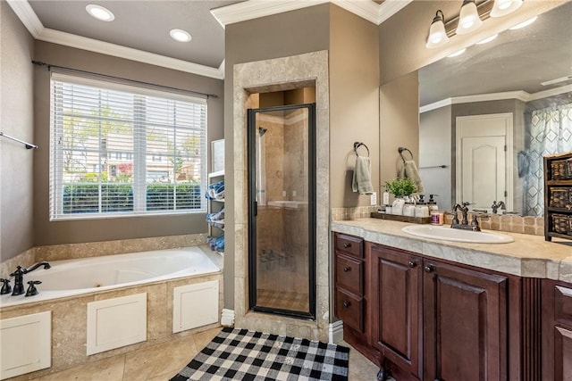 3512 Hamm Ln, Springdale, AR 72762 - full bath featuring a shower stall, a tub with jets, vanity, and ornamental molding