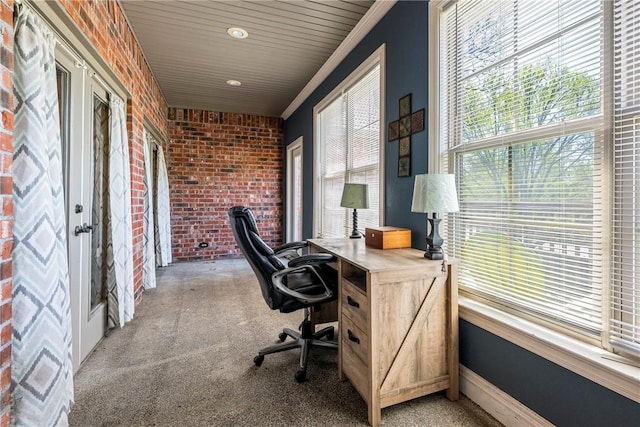3512 Hamm Ln, Springdale, AR 72762 - office featuring brick wall, light carpet, recessed lighting, ornamental molding, and baseboards