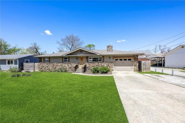 ranch-style home with stone siding, a front lawn, an attached garage, a chimney, and driveway