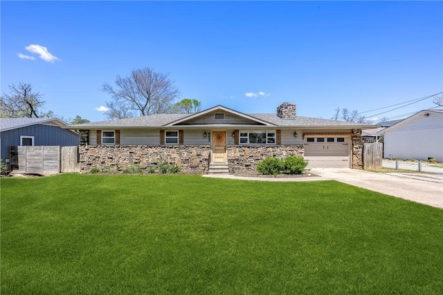 single story home with driveway, stone siding, fence, and a chimney