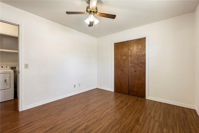 unfurnished bedroom with baseboards, ceiling fan, and wood finished floors