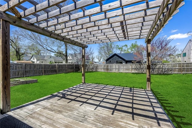 deck with a patio, a pergola, a fenced backyard, and a lawn