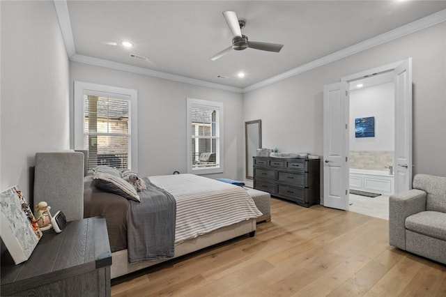 bedroom with ornamental molding, light wood finished floors, recessed lighting, connected bathroom, and a ceiling fan