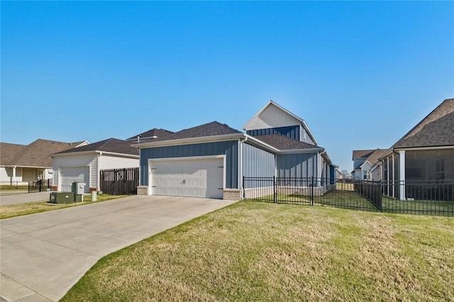 view of front of house featuring board and batten siding, concrete driveway, an attached garage, and brick siding