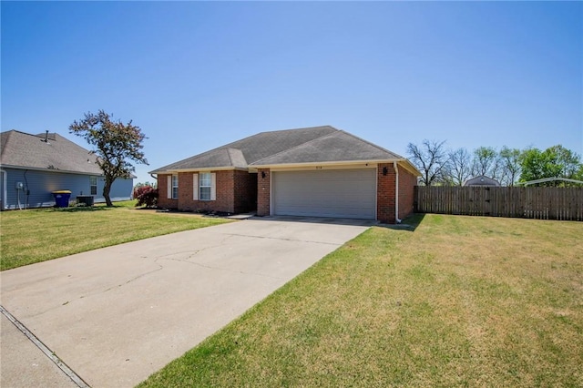 ranch-style house featuring concrete driveway, brick siding, fence, and an attached garage