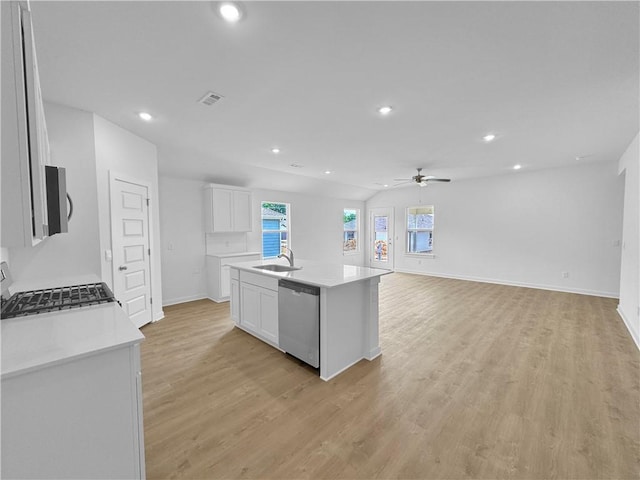 429 W Gosling Isle, Farmington, AR 72730 - kitchen featuring appliances with stainless steel finishes, baseboards, light wood-type flooring, ceiling fan, and a sink