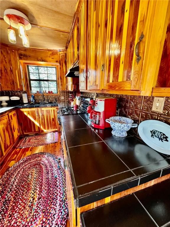 23045 Liberty Trl, Natural Dam, AR 72948 - kitchen with brown cabinetry, under cabinet range hood, a sink, stainless steel gas range oven, and decorative backsplash