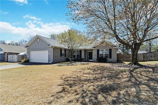 ranch-style house featuring an attached garage, aphalt driveway, fence, and brick siding