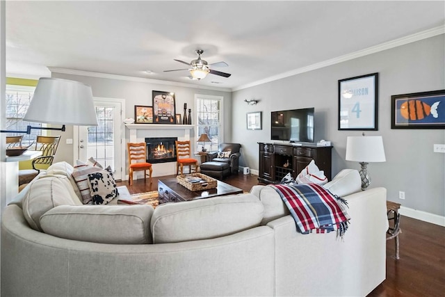 living area featuring a glass covered fireplace, baseboards, ornamental molding, dark wood finished floors, and ceiling fan
